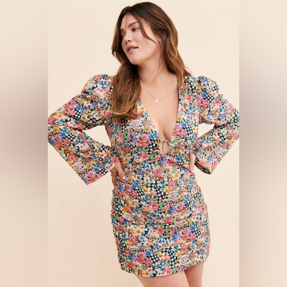 For Love & lemons June Bell Mushroom‎ Psychedelic Sleeve mini dress Size Large